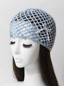 Gorro de mujer para primavera y verano, tejido a mano con diseño de malla calada, adornado con cristales, perlas y lazo, elegante y transpirable. Sombrero tejido fino y versátil con pañuelo decorativo - Sombrero tejido - Ver 3