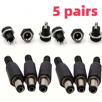 5pcs DC Power Plug Male & Female Socket Nut Panel Mount, DC Power Adapter Connector
