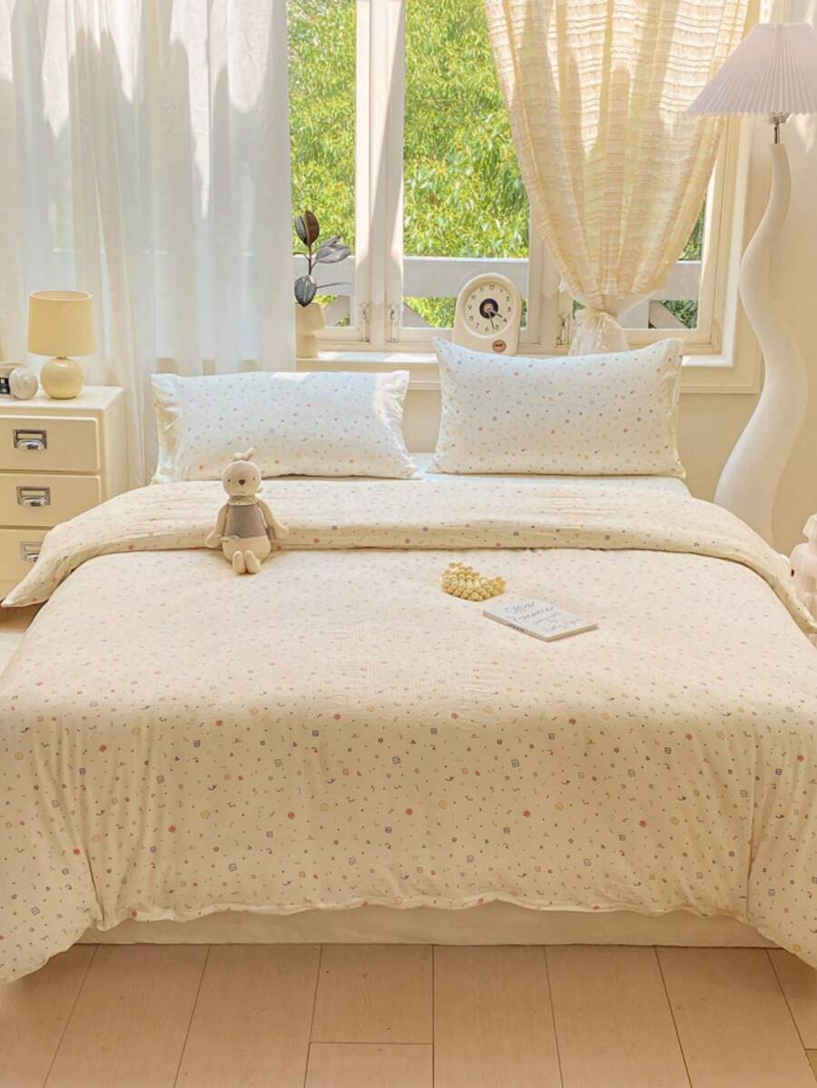 1pc Floral & Cream Geometric Lines Duvet Cover, 100% Polyester Soft Fabric, Boho Style Sweet Flower Bedding, No Pillowcase, Machine Washable, Suitable For All Seasons