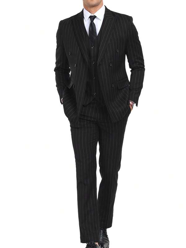 Furuyal Men's Suits Striped 3 Pieces Suit Set For Men Elegant Solid Casual Fashion Double Breasted Slim Fit Prom Blazer Vest Pants Set Business Party Wedding Holiday Black Size XS-3XL