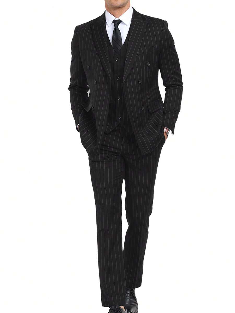 Furuyal Men's Suits Striped 3 Pieces Suit Set For Men Elegant Solid Casual Fashion Double Breasted Slim Fit Prom Blazer Vest Pants Set Business Party Wedding Holiday Black Size XS-3XL