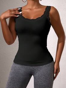 Women Summer Tank Tops Crewneck Sleeveless Shirts Lace Collar Tanks Slim Fitted Casual Basic Tee Shirt Solid Color Simple Daily Slimming Camisole Top - Black - View 3