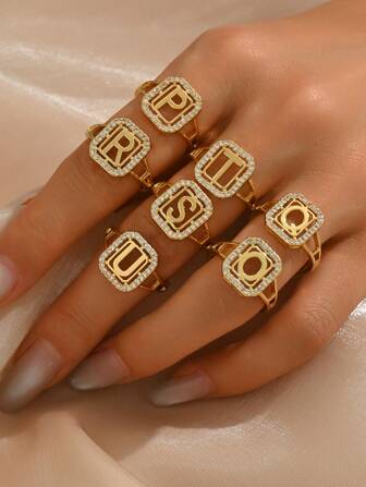 خاتم حرفي 26 حرف من الزركونيا أنيق وأنيق ، خاتم نسائي صيفي جديد قابل للفتح