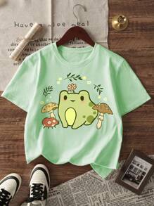 1 pieza Camiseta de manga corta con cuello redondo y estampado gráfico informal para niñas y estudiantes en verano, camiseta de moda joven con estampado de letra en inglés que inspira