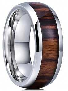 8mm Fashion Silvery Stainless Steel Rings For Men Jewelry Accessories Vintage Koa Wood Pattern Men Rings Anniversary Party Gift - Silver - View 4