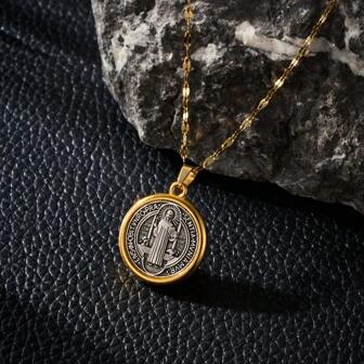 1pc Elegant Stainless Steel Saint Benedict Necklace With Zinc Alloy Pendant, Perfect Religious Gift For Women, Everyday Wear Accessory, Cross Necklace