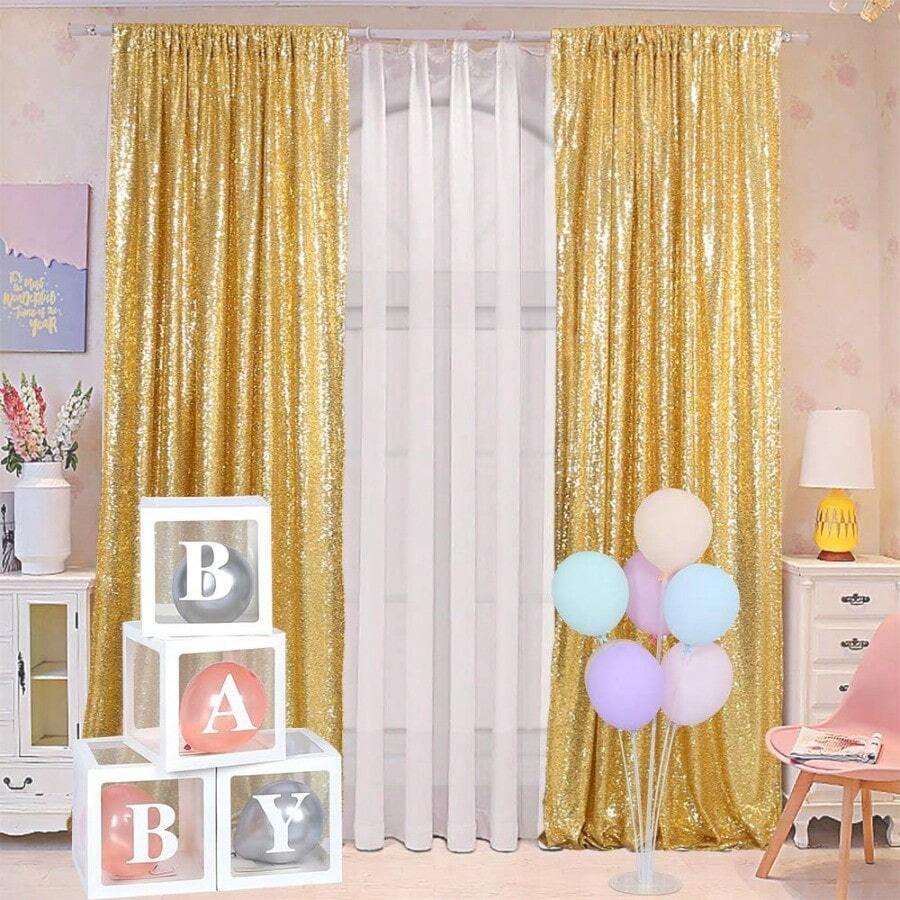 Gold Sequin Backdrop Curtains 2 Panels 2x8FT Glitter Gold Photo Backdrop Party Wedding Baby Shower Curtain Sparkle Photography Background - Gold - View 1