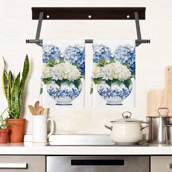 2pcs Vintage Floral Dish Towels Blue Ginger Jar Kitchen Cloths, Polyester Hand Towels With Flowers Pattern, Super Soft Woven Dishcloths, Machine Washable, Ideal For Holiday Gifts & Home Decor.