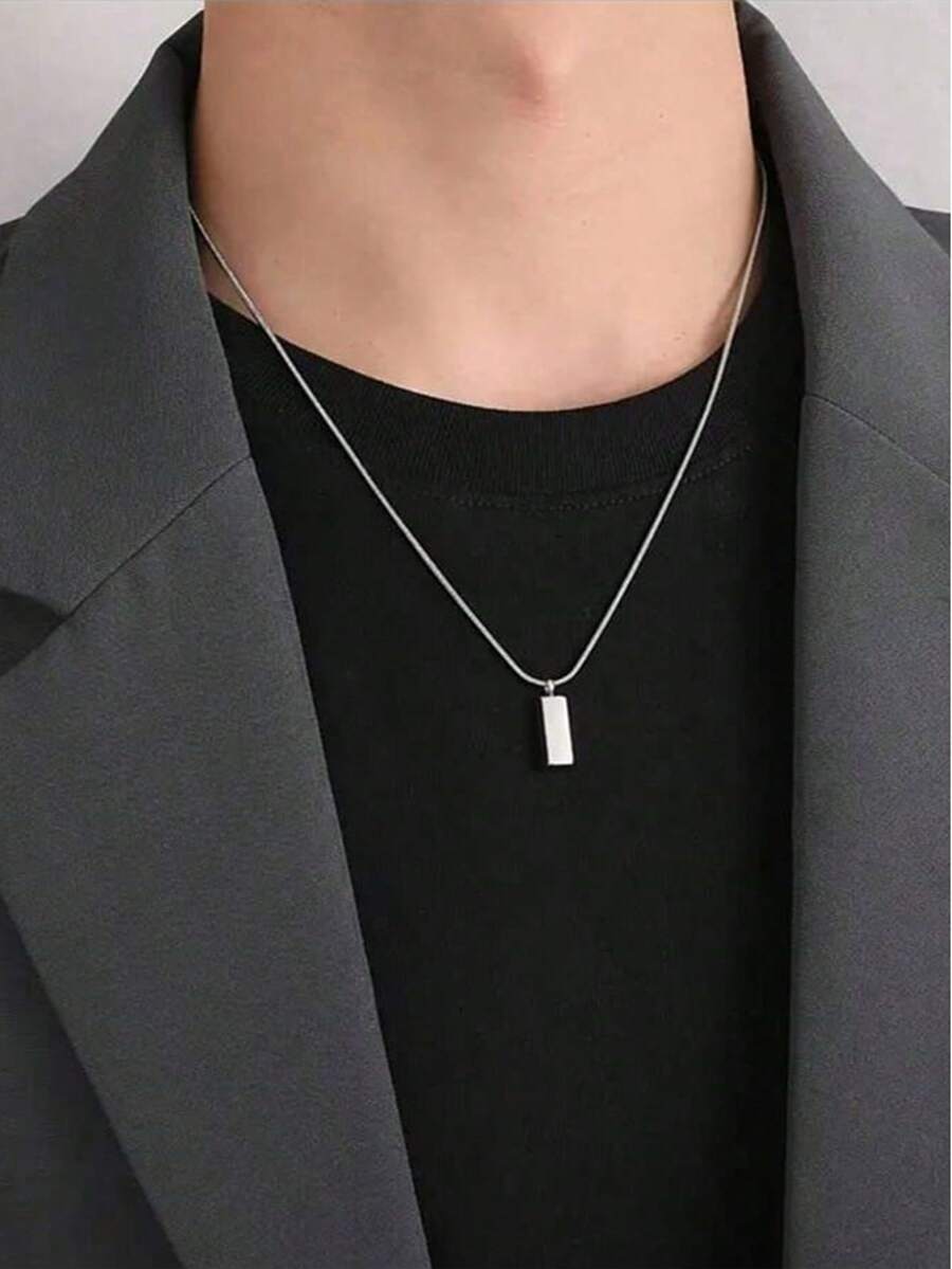 1pc Stainless Steel Snake Bone Chain Necklace, Titanium Steel Silver Square Pendant Necklace, Unisex Geometric Clavicle Sweater Chain. - Silver - View 1
