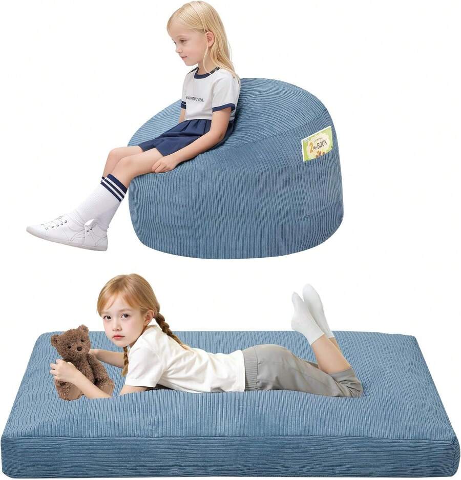 Bean Bag Chair For Kids 8-12, Toddler Beanbag Bed Corduroy, Convertible Child Bean Chair To Floor Mattress With Filler, Kid Reading Comfy Lounge Couch For Boys And Girls Bedroom, Light Blue - 藍色 - 查看 1
