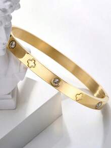 1pc Titanium Steel Bangle, Mirror Polished, Vacuum Plated, Not Easy To Fade, Lucky Four Leaf Clover With Rhinestone, Fashionable Classic Style, Suitable For Daily Wear Valentines - 銀色 - 查看 2