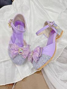 Scarpe con tacco alto e spesso per ragazze, con fiocco decorato con cristalli, luccicanti, adatte per principesse, occasioni di festa, multistag ione - Viola - Visualizzare 6