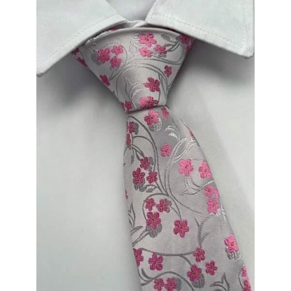 Gravata Semi Slim Floral Rosa - 1200 Fios