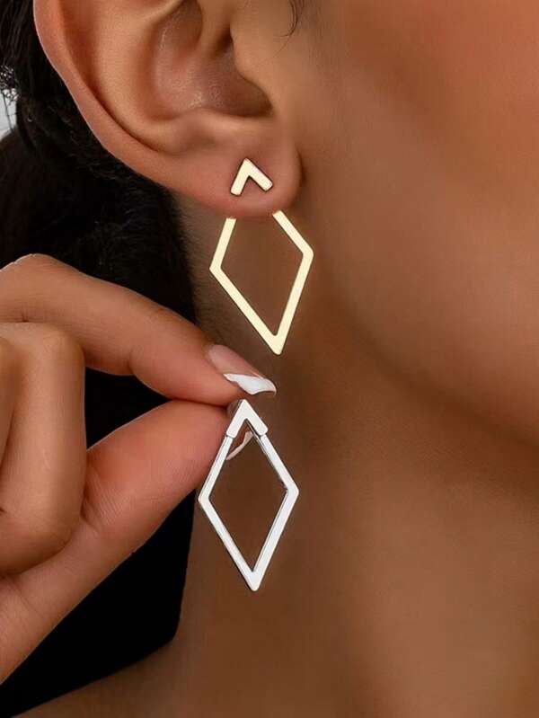 1 Pair Metallic Geometric Diamond Shape Arrow Dangle Earrings, Double-Sided Wear Design, For Women