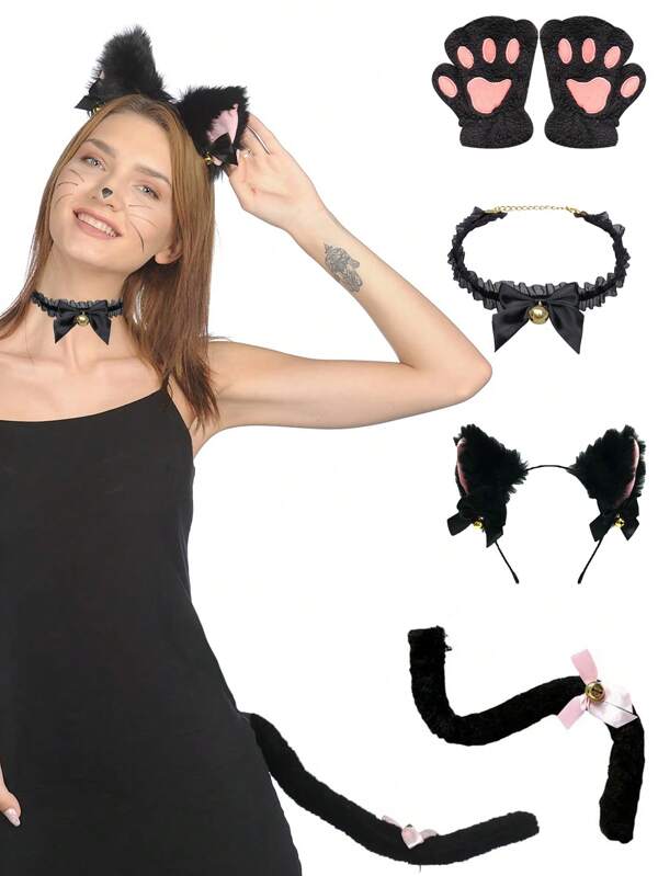 5PCS Dress Cute Cat Cosplay Props Cat's Ears (Steamed Cat-Ear Shaped Bread) Hair Hoop Cat Paw Gloves Cat Tail Accessories Set