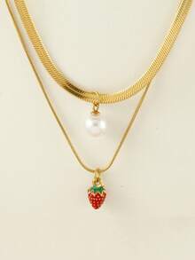 1 件不锈钢双层蛇骨项链，带树脂仿珍珠和水果吊饰（草莓、西瓜、樱桃），非常适合夏季郊游、海滩、情人节礼物和日常佩戴，适合所有场合