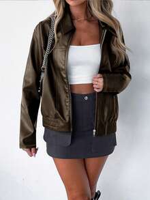 女士休闲宽松拉链 PU 夹克，秋冬外套，女士日常穿着，非常适合返校 - 黑棕色 - 查看 5