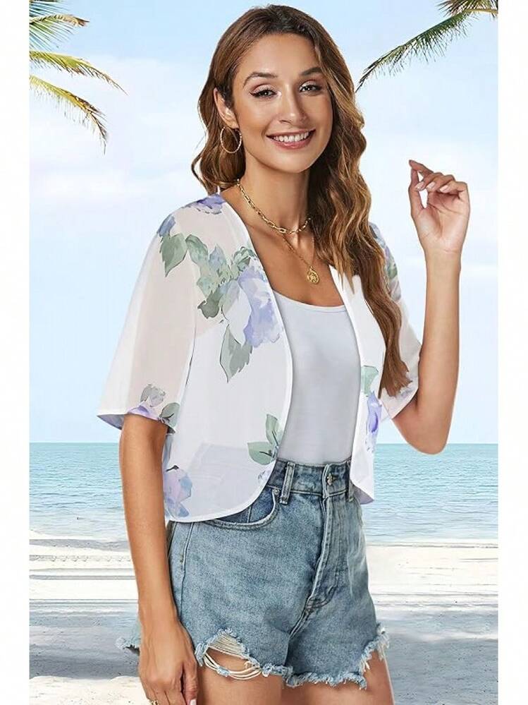 Women Shrug Chiffon Cardigans Open Front Short Sleeve Bolero Evening Dressy - White Purple Print - View 4