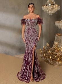 Faeriesty Faeriesty Elegant Off-Shoulder Mermaid Evening Gown - Sequin & Beaded Dress With Feather Embellished Shoulders, Cross Back Strap Detail & High Slit Fish Tail Skirt For Red Carpet Galas, Luxury Wedding Banquets, Elegance Events