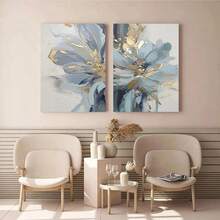 2 piezas Pintura en lienzo con estampado de flores abstracto moderno y lujoso en azul claro y dorado, póster de flores abstractas para decoración de sala de estar, dormitorio y estudio, sin marco - Azul - Ver 9