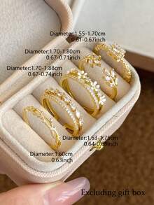 5 件套优雅奢华花卉、树叶、几何铜微镶嵌合成锆石戒指套装，适合度假、派对、婚礼、日常佩戴 - 金黃色 - 查看 4