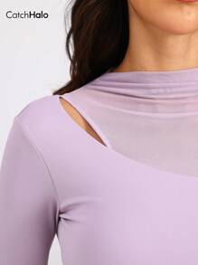 Catch Halo Mesh Panel Built In Bra 4-Way Stretch Knitted Fabric Women's Long Sleeve Workout Top - Cut Out & High Neck & Thumb Hole & Gathered Waist Sports Top | Slim Fit Yoga Tee | Breathable Comfortable Atheleisure Workout Tee For Yoga Pilate Gym Cycling Running (Orchid Haze, S~XL)