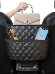 1pc Large Capacity PU Leather Car Seat Storage Bag, Expandable Hanging Organizer Bag With Multiple Pockets, Suitable For Vehicle Interior Accessories, Purse Holder, Wallet Clip, Pet Barrier - Black Quilted Design, Car Organizer
