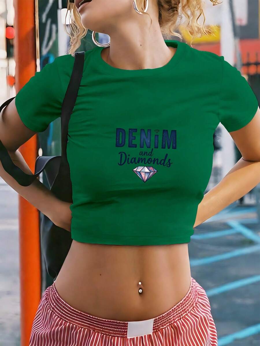 Denim And Diamonds Gemstone Design Women's Fashion Short T-Shirt - Green - View 1