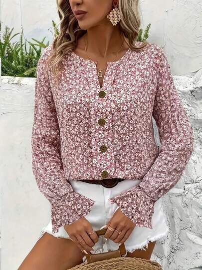 Blusa elegante con cuello en V y estampado floral para mujer LuminousWealth - Estampados vibrantes en rosa y blanco, detalles de botones, manga larga, adecuada para primavera/otoño, camisa casual y elegante