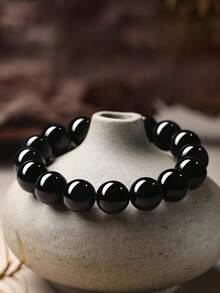 [天然黑曜石手链] 天然黑曜石圆珠手链，手工制作 10/12/14/16 毫米霜冻休闲风格手链 - 适合男士和女士，弹性珠宝，节日和生日礼物，情人节礼物 - 手鍊 - 查看 3