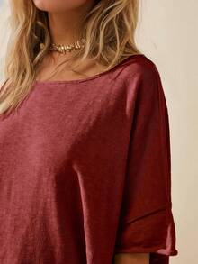 Women's Oversized T Shirts Casual Summer Crew Neck Loose Dropped Short Sleeve Side Slit Hem Blouse Tunic Tops - Màu Đỏ Sâu - Xem 4
