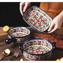 Bicuzat Vintage Style Tulip Flower Pattern Ceramic Bakeware Casserole Dish Baking Pan Lasagna Pans Baking Dish With Handles Oven\/Cooking\/Kitchen-1 PCS-60 OZ