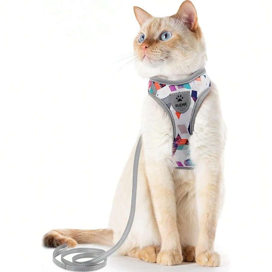 Supet Cat Harness and Lead Set, Escape Proof Kitten Harness, Adjustable Cat Vest Harness with Reflective Strips, Universal Cat Lead and Harness for Cats/Puppies, Grey, S - Bildfarbe - Übersicht 1
