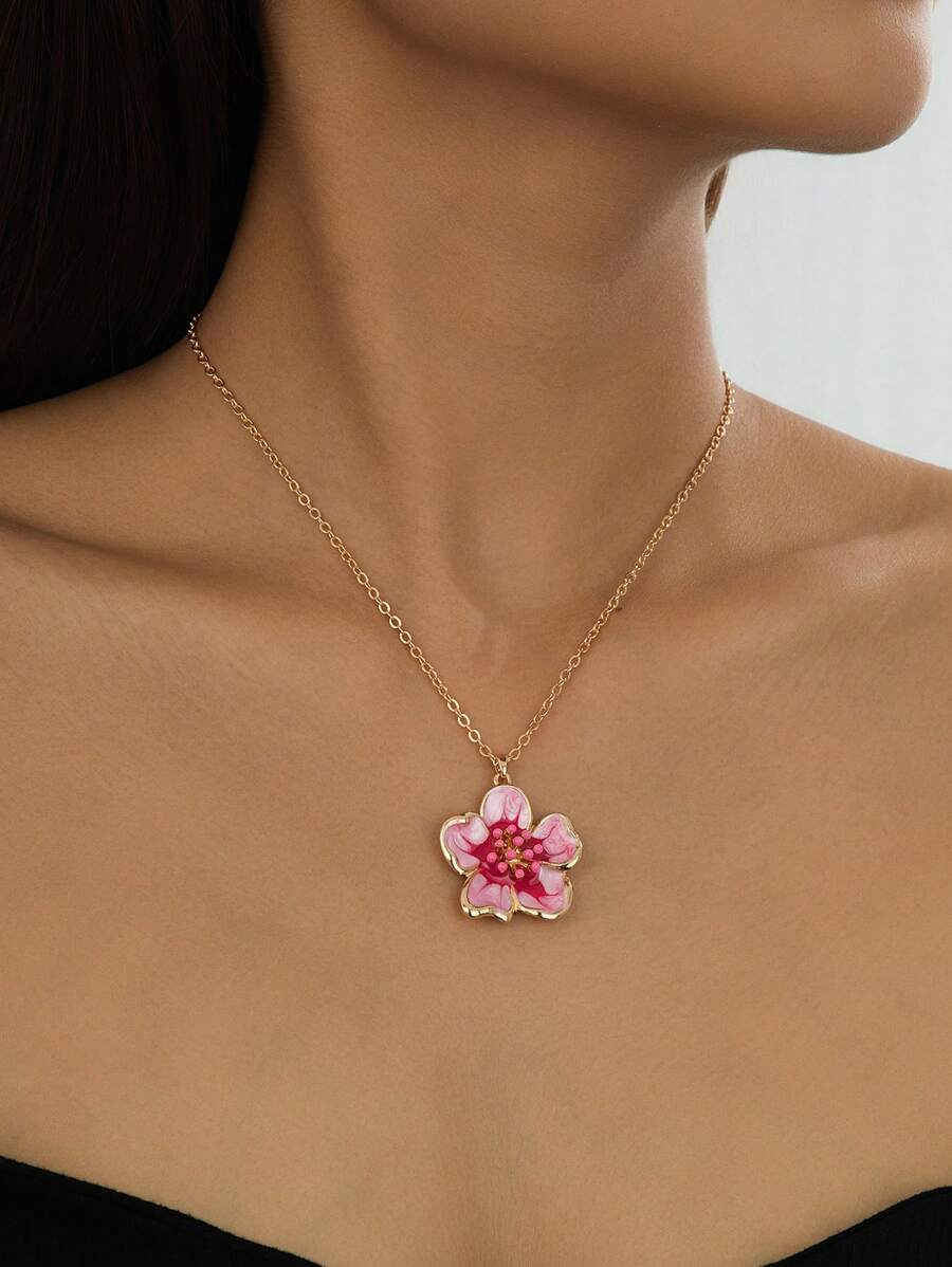 1pc Fashionable Versatile Floral Enamelled Pendant Necklace For Women, Daily Wear