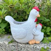 迷人的母鸡和小鸡树脂花盆 - 创意动物造型户外装饰花盆，感恩节礼物