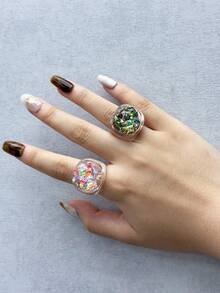 1 件/2 件梦幻绝对彩色渐变树脂透明不对称纹理闪光戒指，适合女性日常休闲装装饰和赠送朋友