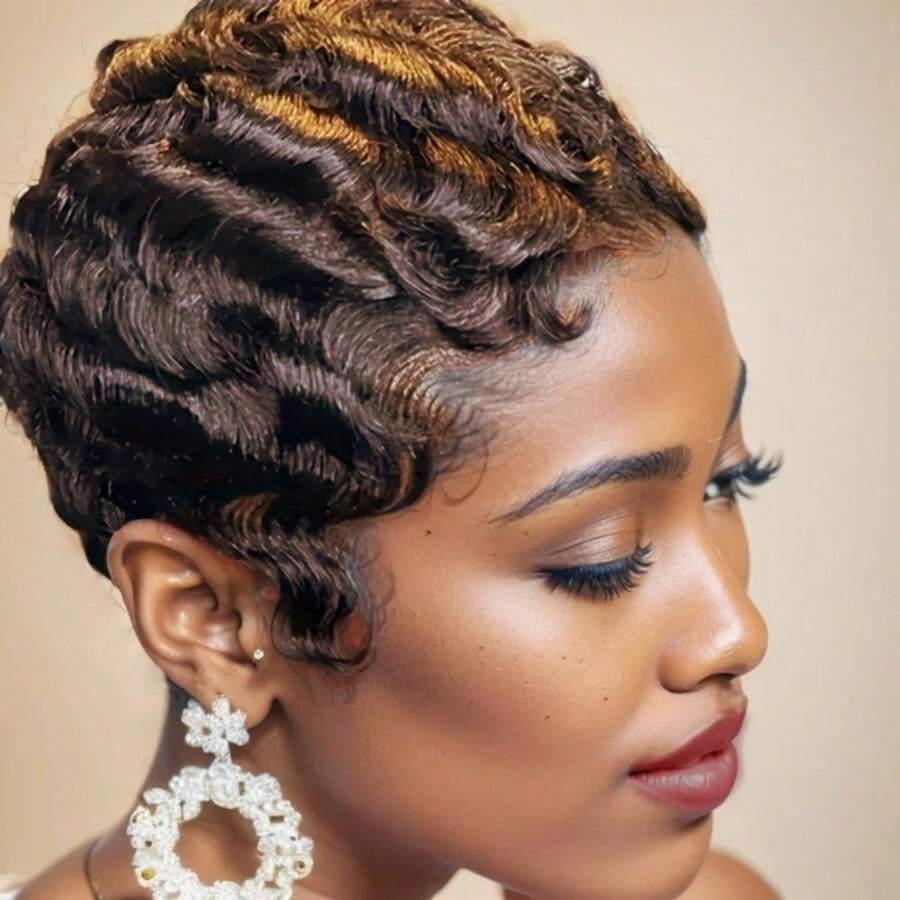 Kurze Pixie-Cut Perücken für Frauen, Echthaarperücke mit Finger Ocean Wave, Remy Echthaar - Verschiedenfarbig - Übersicht 1