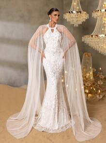 Faeriesty Faeriesty Luxury Pearl-Embroidered Mermaid Gown With Ethereal Sheer Cape Sleeves – Elegant Small Round Neckline, Floor-Length Fish Tail Hem & Formal Evening Dress For Gala Events, Wedding Receptions, Red-Carpet Premieres, Black-Tie Galas, And High-Society Celebrations