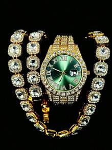 Set de joyería de 3 piezas estilo europeo y americano hip-hop con diamantes completos, reloj, collar y pulsera con rhinestones, correa de metal y calendario, regalo para estudiantes hombres y mujeres