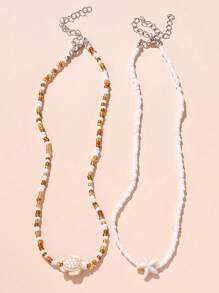 2 piezas Collares con cuentas estilo bohemio con diseños de estrella de mar y tortuga, joyería de estilo vintage de playa y océano, adecuado para uso diario y viajes
