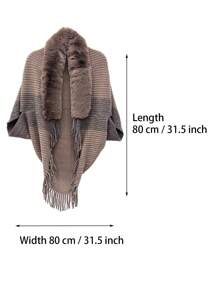 1pc Women's New Autumn/Winter Knitted Cardigan With Faux Fur Collar, Tassels Design, Poncho Style