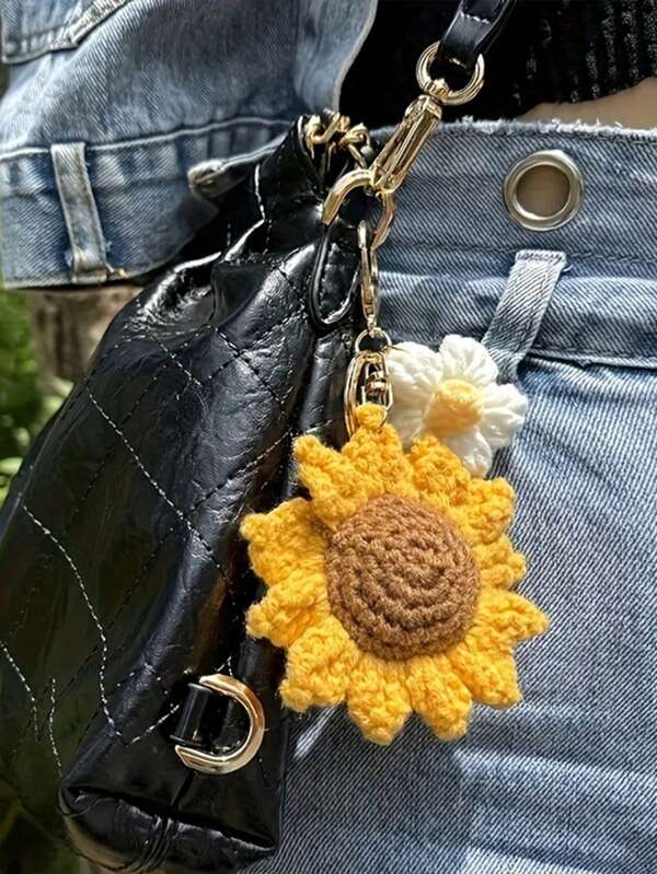 1 pièce Porte-clés pendentif fleur blanche de tournesol - Décoration florale douce, pendentif en tissu tressé pour voiture, accessoire de sac