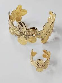 一套金色花朵开口手镯戒指珠宝设计女士珠宝 - 金色 - 查看 3