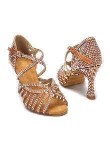 9cm Cuban Heel Latin Dance Shoes For Women, Ballroom Dance Shoes, Practice Training Stage Performance Rhinestone Party Heels