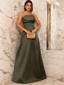 LONG WEDDING PARTY DRESS FOR GODMOTHER, STRAP-FIT, SATIN WITH SEQUINS - OLIVE GREEN - View 1