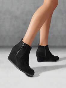 Women's Suede Low Hidden Wedge Heel Ankle Boots Round Toe Side Zipper Outside Zip For Decoration Good For Work And Date - màu đen - Xem 3