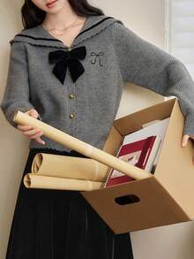 Alicedudu Women's Vintage Navy Collar Bow Decor Cardigan, Autumn/Winter - Grey - View 4