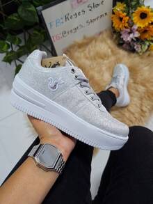 Tenis Zapatillas Casuales  de Dama Con Brillos Ideal para Fiestas Graduación Decoración Glitter , Cómodos con Cordones Moda Versátiles  Casual  Al aire libre  Fabulosa  Calle  Lindo  Sexy  Fiesta  Glamour - Plateado - Ver 2