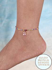 1pc Gradient Pink 26 Letters Pendant Beaded Colorful Plastic Bead Elastic Anklet, Suitable For Young Girls And Teens - Multicolor - View 2