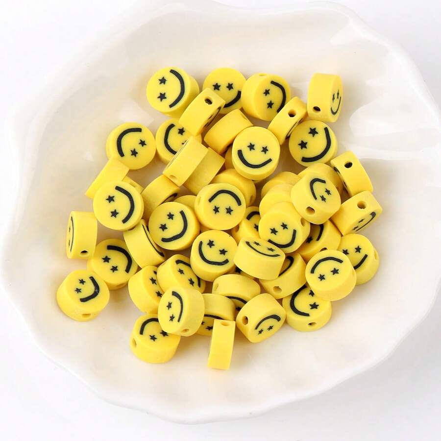 50pcs/Pack Polymer Clay 10mm Pentagram & Smiling Face Beads For DIY Bracelet & Necklace Accessories